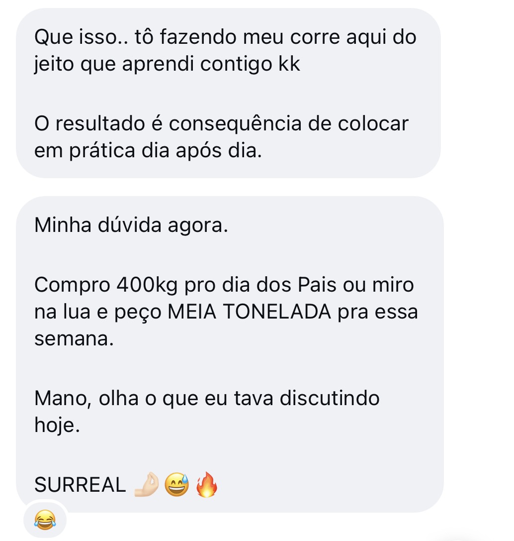 Print de WhatsApp de aluno comentando que passou a comprar meia tonelada de carne por semana depois de aplicar o método